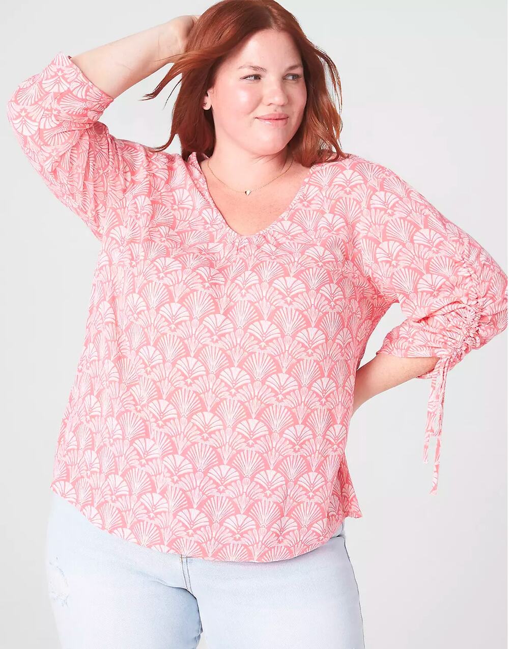 NEW Lane Bryant Blouse Top Classic V-Neck Shirred Sleeve Pink White 18 Relaxed